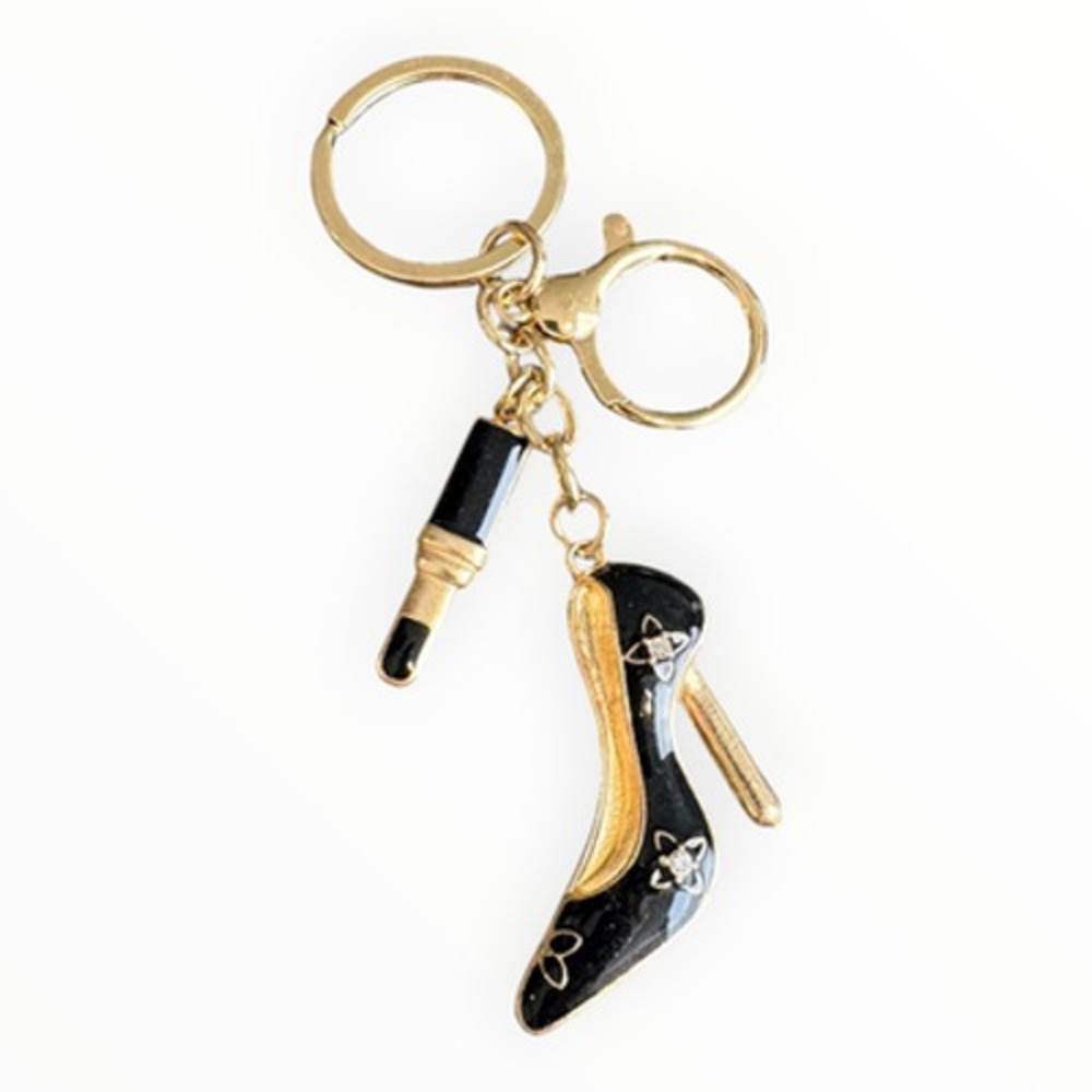 Women's Key Chain Gold Black 4" High Heel Shoe Lipstick Charm Enamel Metal